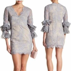 Few Moda Jansen Lace Mini Dress Ruffle Long Sleeve Back Zip Gray XS New